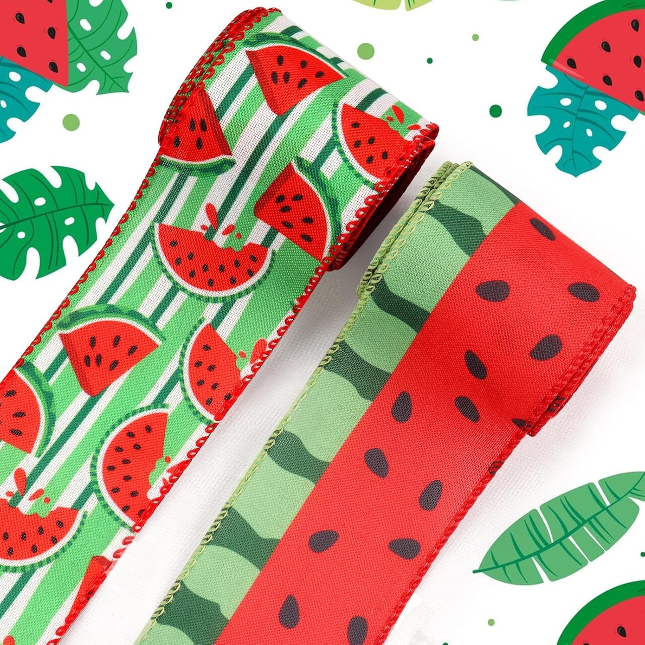 2 Rolls 10 Yards Summer Wired Edge Ribbon, 2.5inch Green White Stripe Burlap Ribbon, Watermelon Gift Wrapping Ribbon for Farmhouse Party DIY Craft Summer Wreaths